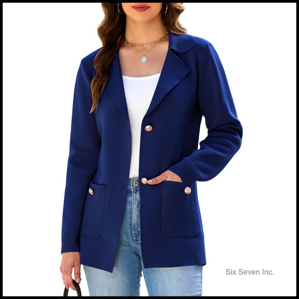 Rayon Sweater Blazer Slim Fit Long Sleeve Button Front Pockets Business Casual